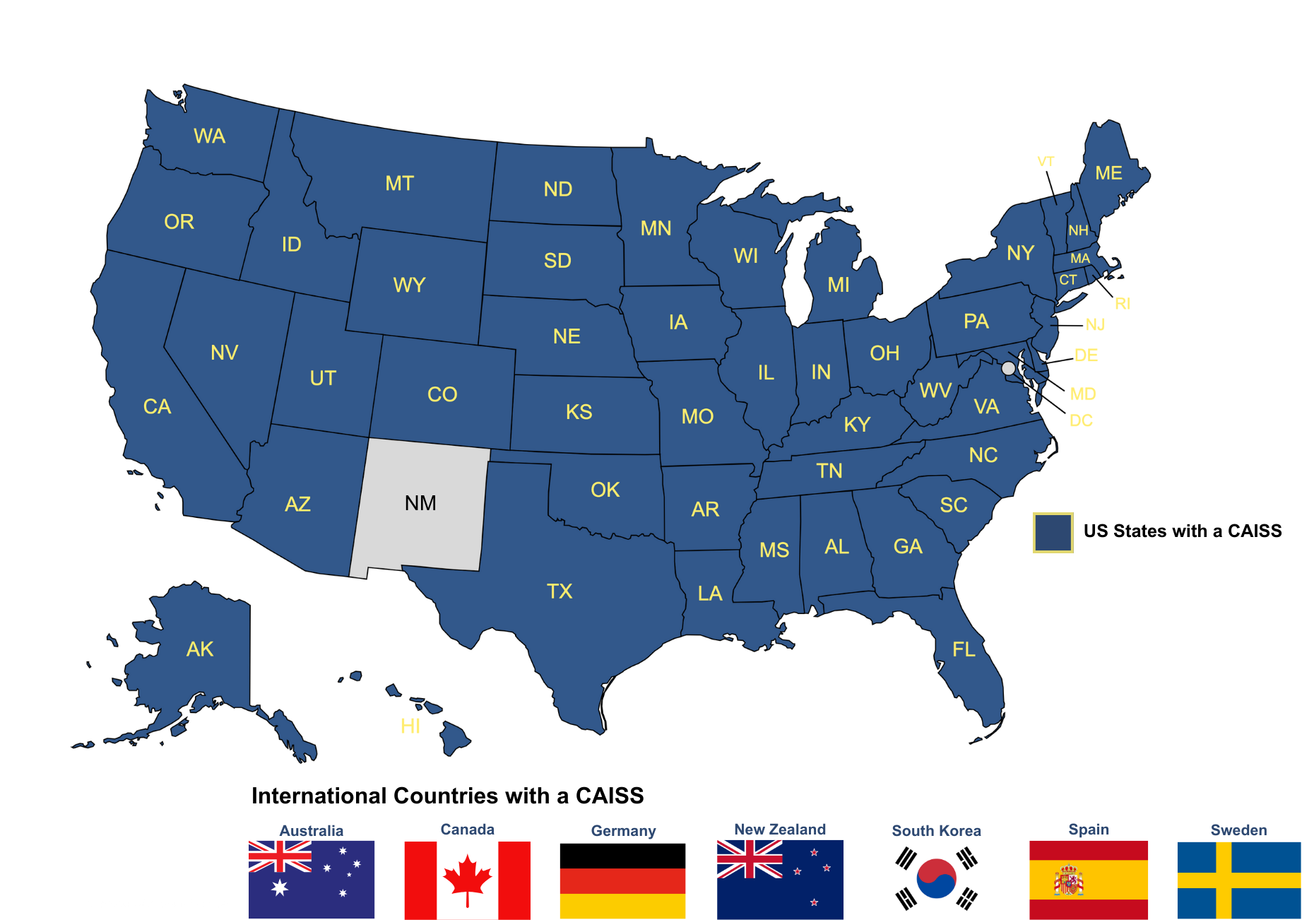 map of the united states of america with states shaded in blue to denote states that have a CAISS. Also includes international country flags of canada, spain, and sweden