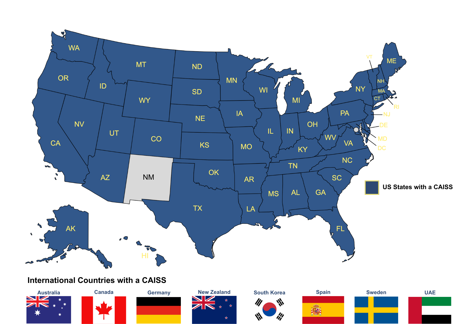 map of the united states of america with states shaded in blue to denote states that have a CAISS. Also includes international country flags of canada, spain, and sweden